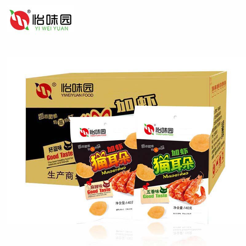怡味园企业店厂家发货加虾猫耳朵140g*30包膨化小吃办公零食批发